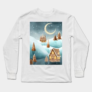 Gingerbread houses and trees on snow landscape. Winter candy world watercolor illustration. Sweets world fantasy decorations Long Sleeve T-Shirt